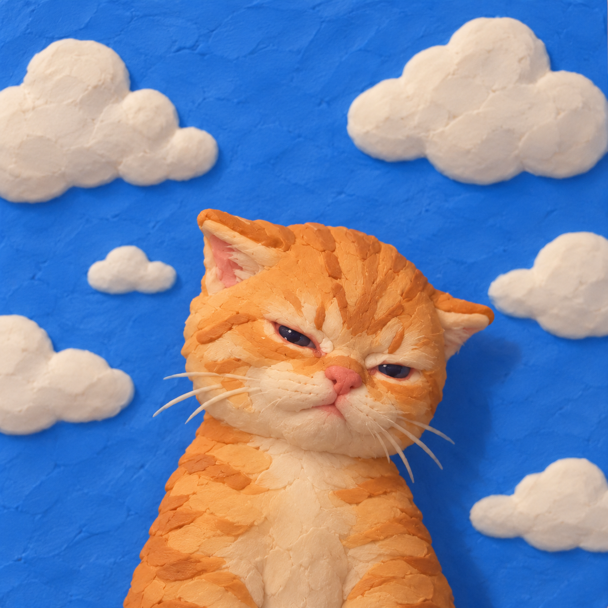 Sleepy orange clay kitten surrounded by white clouds