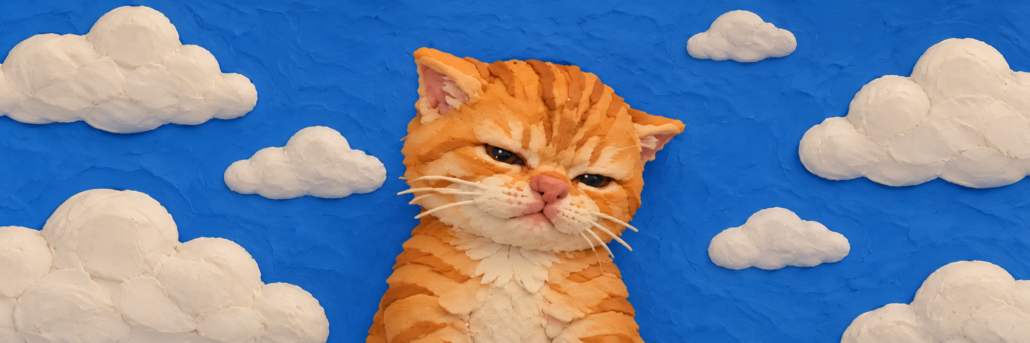 Wide clay illustration of an orange cat under the sky